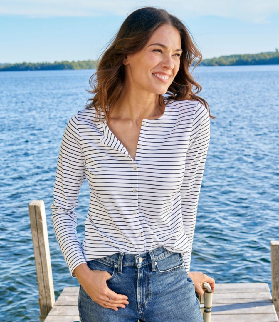 Women's Pima Cotton Tee, Long-Sleeve Crewneck Cardigan Stripe - L.L.Bean Essential
